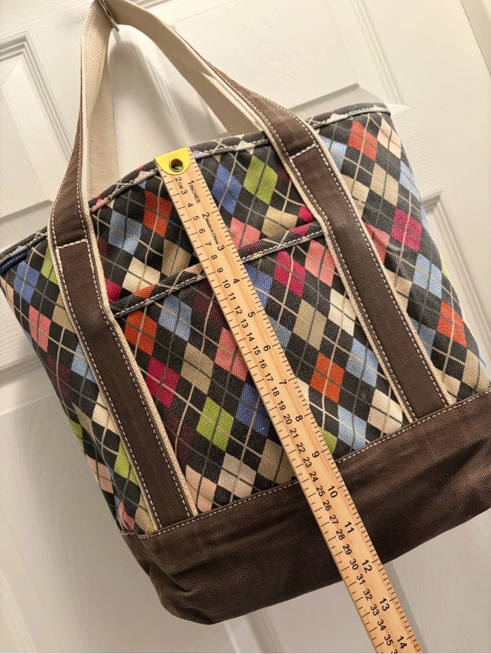 Lands’ End Medium Canvas Argyle Tote Bag Brown Multicolor